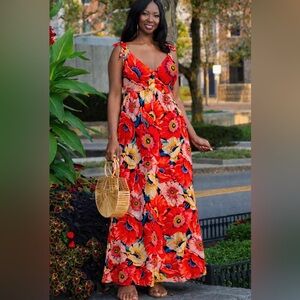 Floral Red Maxi Dress with Tie Straps